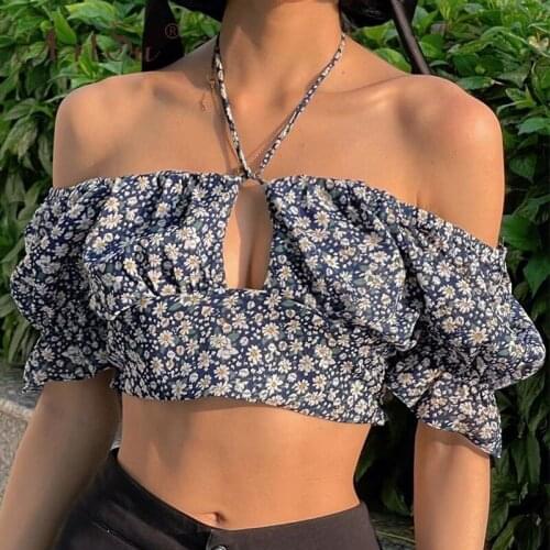ArtSu Women Floral Print Halter Puff Sleeve Blouse Sexy Lace Up Off Shoulder Summer Crop Top Female Holiday Shirt Streetwear