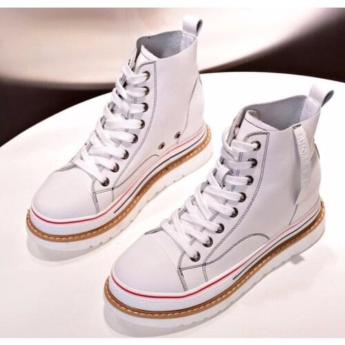 QWEDF 2019 Women Casual Shoes Espadrilles Platform Hidden Increasing Sneakers PU Leather Shoes Woman High Top White Shoes X9-36