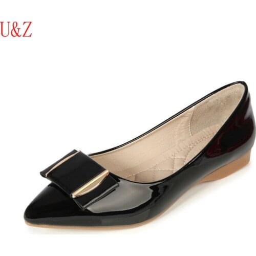 Womens formal shoes Superior quality Red/Black/Beige patent leather bow flats pointed toe office shoes Plus Big size 43 Female