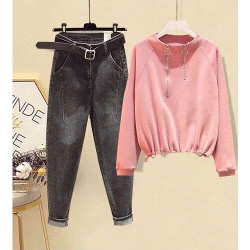 Women 2021 Spring Autumn Fashion Two-piece Suits Female Solid Color Hoodie Tops Ladies High Waist Harem Pants Jeans Sets P168