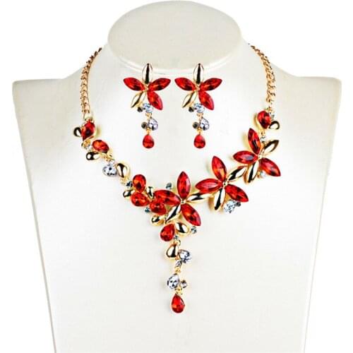 Big Luxury Fashion Elegant Flower Bridal Jewelry Sets Gold Color Crystal Alloy Jewelry Set Drop Earring Necklace Sets For Women