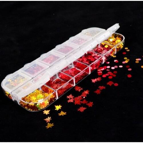 12 Grids/Set Nail Art Mixed maple/laser colored leaves DIY Design Tiny Slices Decoration Acrylic Beauty Polymer Nail decorations