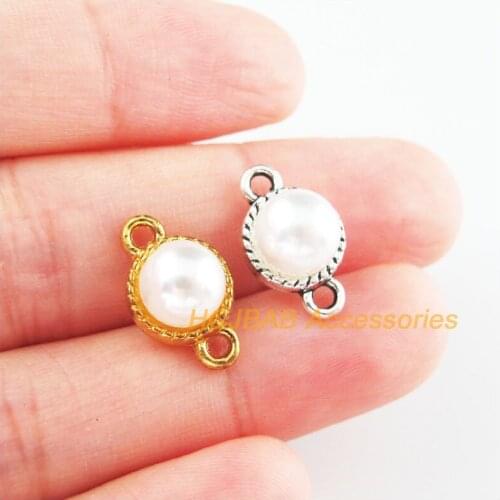18Pcs Gold Tibetan Silver Tone Round White Acrylic Beads Charms Connectors 10x16.5mm