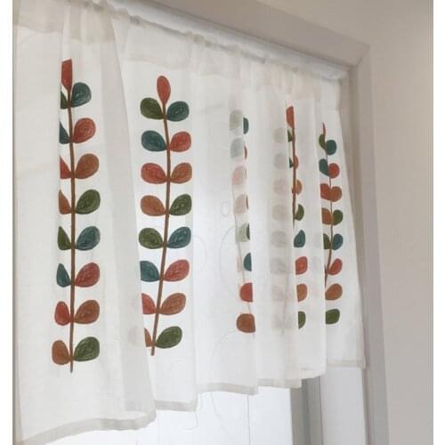 White Half Curtain Colorful Embroidery of Leaves Coffee Yarn Pure Short Curtain for Bar Kitchen Cabinet Door Childrens Room