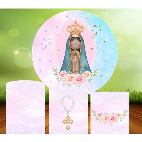 Baptism Holy Communion Round Circle Background Baby Shower Girl Birthday Photo Backdrop Kids Party Decor Table Plinth Covers