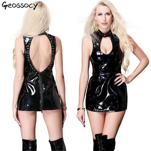 Hot Sexy Women Lingerie Dress Catsuit latex dresses for women Metal Button Hollow Backless Club Pole Dance Dress Costume