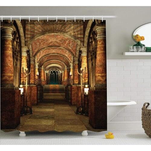Gothic House Shower Curtain Ancient Passage with Stairways Secret Gateway Mystical Pillars Medieval Temple