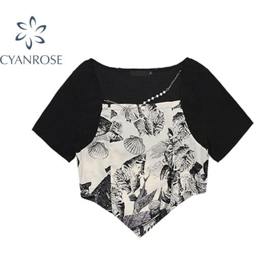 Irregular Hem Short Sleeve Crop Top Womens Y2k Patchowork Fake 2 Piece Tee Summer 2021 Vintage Sexy Club Party Costume Female