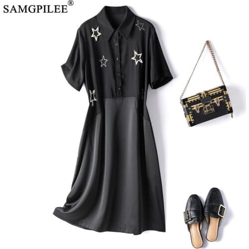 Summer Dresses 2021 New Korean Style Beaded Star Pattern High-end Acetate Stitching Turn Down Collar Short-sleeved Women Dress