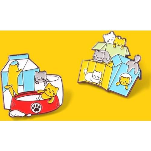 Cute Cats Enamel Pins Milk Box Cup Cartoon Brooches Lapel Pins Accessories Backpack Gift for People Love Kitties Jewelry