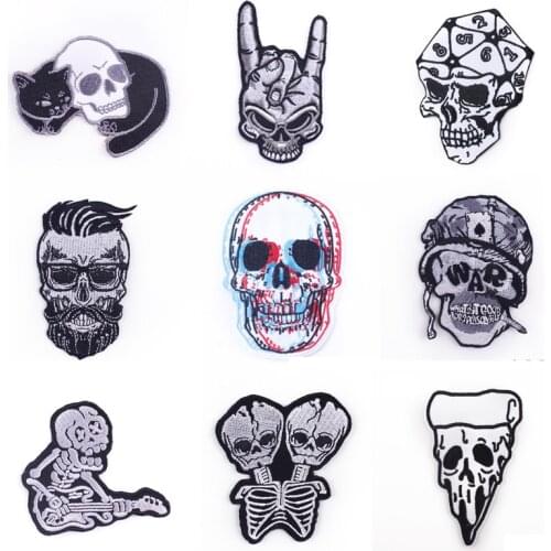 Rock patch skeleton embroidered patches for clothing black and white animal iron on patches skull applique for clothes badge