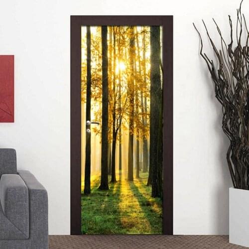 Woods Sunshine Landscape Mural Door Sticker PVC Self-adhesive Waterproof Living Room Bedroom Decor Wall Decor Wallpaper Poster