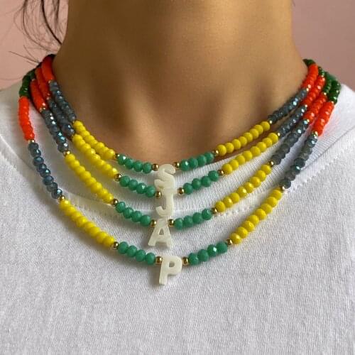 Boho Letter Initital Necklace Natural Shell 26 Letters Crystal Beaded Necklaces Women Colorful Glass Bead Strand A-Z DIY Jewelry