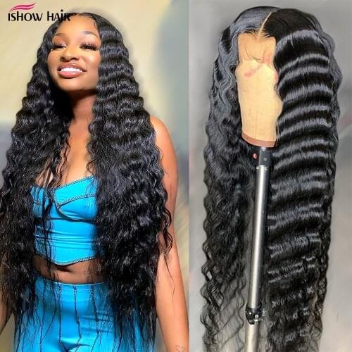 Ishow Transparent Lace Front Human Hair Wigs13x4 Lace Frontal Wigs Brazilian Loose Deep Wave Human Hair Wigs Pre-Plucked