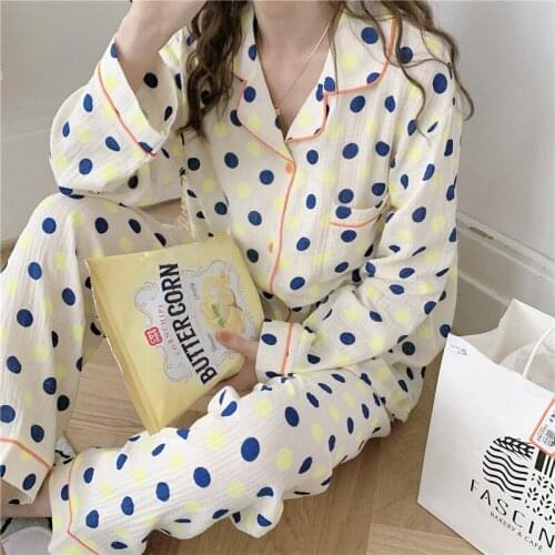 INS 2021 Autumn Winter Pajamas Women Korean 100% Cotton Polka Dot Homewear Set Soft Double Yarn Long-Sleeved Sleepwear Suit