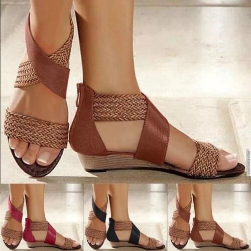 Fashion Fish Mouth Sandals Women Weave Wedge Heel Shoes Zipper Sandals Roman Style Casual Beach Shoes Womens Sandals