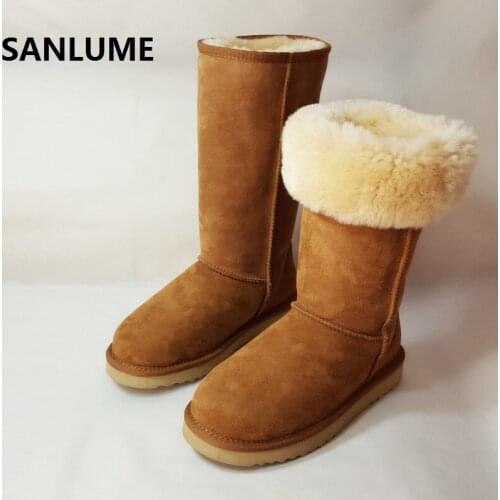 SANLUME New Winter Boots Women Fur Genuine Leather Thigh High Snow Boots For Woman Platform knee high Flat Slip On Plus size