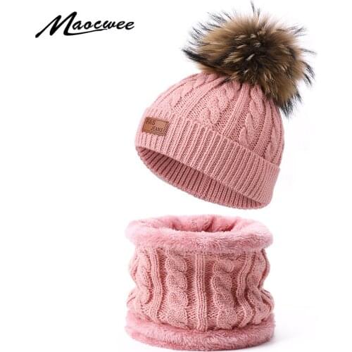 Enfant Hat Scarf Suit 2 Pcs Real Fur Pompom Fashion Lavable Cartoon Infant Baby Girl Boy Winter Hat Warm Knitted Beanie Kids Cap
