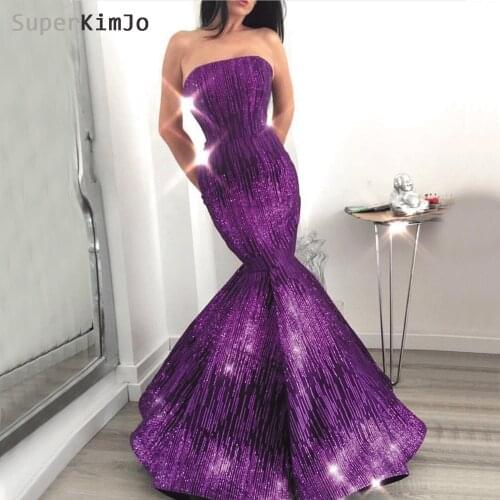 SuperKimJo Robe De Soiree 2020 Glitter Mermaid Evening Dresses Long Purple Strapless Elegant Evening Gown Formal Dress