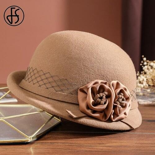 FS New Dome Top Wool Felt Fedora Hats For Women Winter Warm Knight Church Cloche Derby Hat Beret Bowler Cap With Veils Flowers