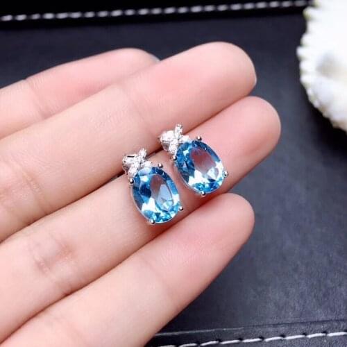 Fashion Elegant round natural blue topaz stud earrings Natural gem stone earrings 925 silver female earrings party gift jewelry