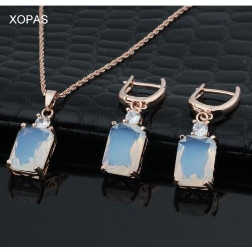 585 Rose Gold Charming Square Stone Zircon Earring Beautiful Dangle Earring for Women Anniversary Gift Female Earrings Set