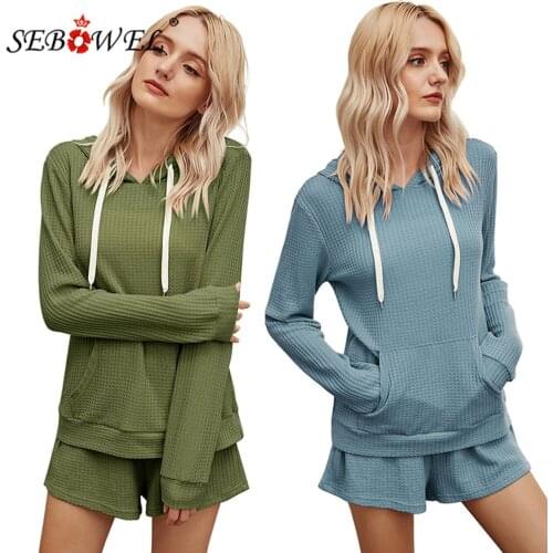 SEBOWEL Casual Autumn Womens Hooded Top Shorts Sets Long Sleeve Waffle Sweatshirt + Shorts Tracksuit Two Pieces Outfits Clothes