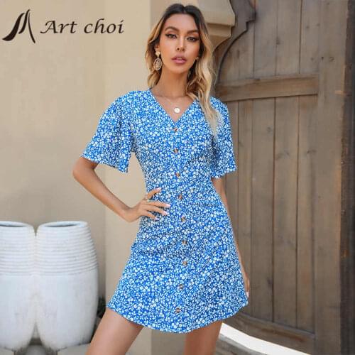 2021 Elegant Women Floral Dress Summer Flare Sleeve V Neck Bodycon Buttons Bodycon A Line Ladies Party Blue Vestido Mini Dresses