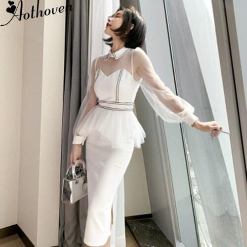Vintage Elegant Mesh Patchwork White Pencil Dress Long Sleeve Turn-down Collar Party Evening Dress Autumn High-end Women Dress