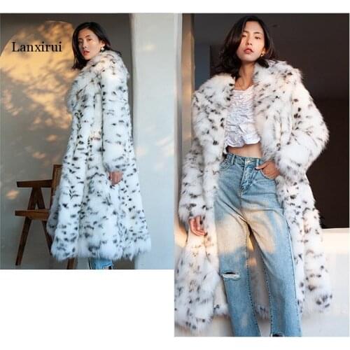 S-6XL New European and American Winter Clothing Plus Size Women Faux Fox Fur Coat Leopard Suit Long Warm Faux Fur Coat