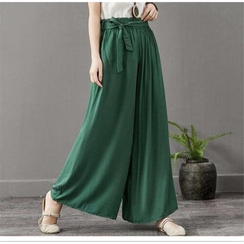 2020 Women Summer Thin Cotton Linen Long Pants Vintage Elegant Comfortable Wide Leg Pants Chinese Style Plus Size Trousers M-7XL