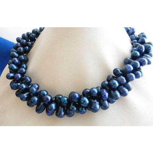 3row 18" 7mmX9MM Blue Rice Freshwater Pearl Necklace
