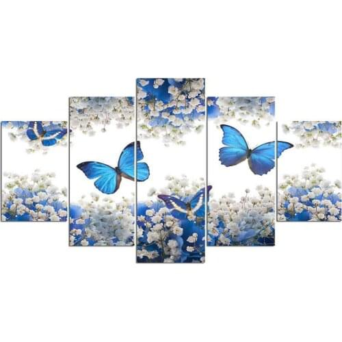Blue Butterfly White Flower 5 Panel Canvas Picture Print Wall Art Canvas Painting Wall Decor for Living Room Poster No Framed