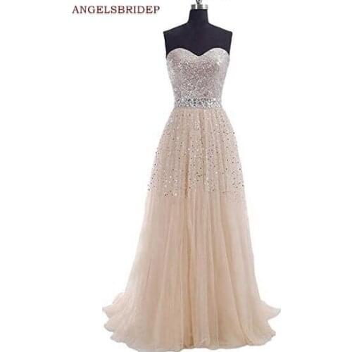 ANGELSBRIDEP Chapmpange Long Evening Party Gowns Sparkly Sequined Crystal Vestidos de festa Formal Celebrity Prom Dress Hot Sale