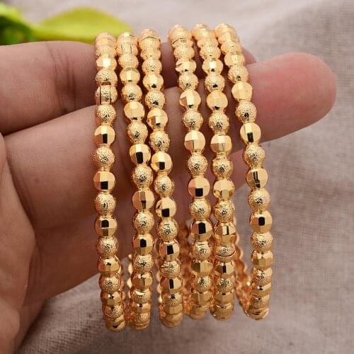 6Pcs/Lot African Dubai Bead Gold Color Bangles For Women Bridal Bracelets Wedding Round Wife Friend JeweLry Gift