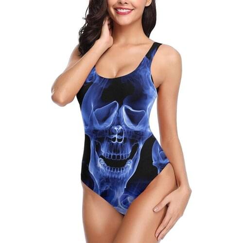 One piece swimsuit women Blue Smoke Skull Backless swimwear Sexy Ladies Summer Bathing Suits High Waisted Bikini