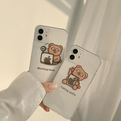 Retro kawaii computer work bear Transparent Phone Case For iPhone 11 12 Pro Max Xr Xs Max 7 8 Plus X 7Plus case Cute Soft Cover