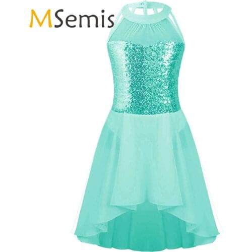 Kids Girls Stylish Dancewear Dress Sleeveless Round Neckline Mesh Patchwork Sequins Decor Irregular Hem Childrens Dance Dress