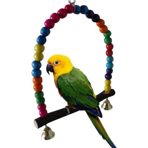 2019 Natural Wooden Parrots Swing Toy Birds Perch Hanging Swings Cage With Colorful Beads Bells Toys Bird Supplies
