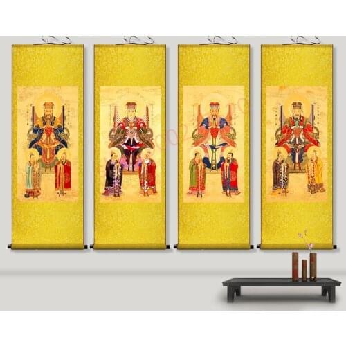 Customized) The picture of the four emperors of Taoism, the statue of Lagerstroemia indica, and silk scroll decoration