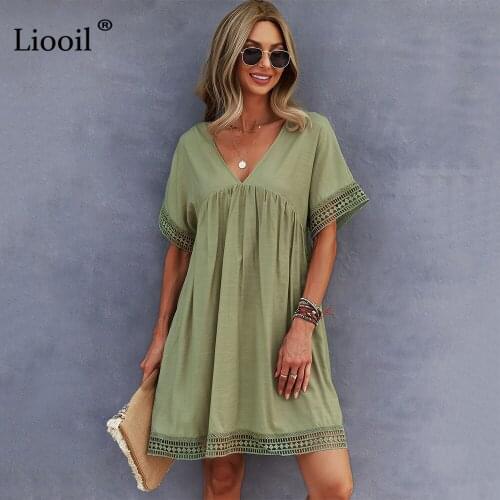 Liooil T Shirt Mini Dress V Neck With Pocket Shirt Sleeve Green Dresses Summer Sundresses For Women 2021 Casual A Line Dress