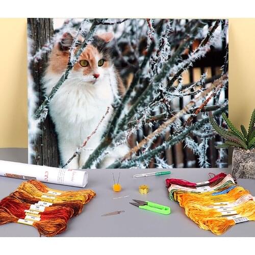 Cat Winter Animal Printed Canvas 11CT Cross-Stitch Kit Embroidery DMC Threads Hobby Needlework Painting Handiwork Design