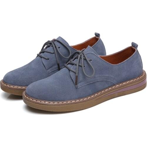 2018 New Women Oxford Shoes Women Casual Flats Shoes Female Cow Suede Leather Shoes Moccasins Lace Up Loafers Blue Khaki Black