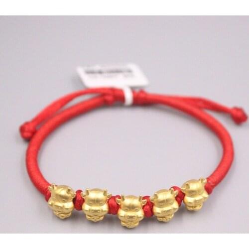Genuine 24K Yellow Gold Lovely 5pcs Ox Beads with Red Cord Bracelet Length from 5" to 15"