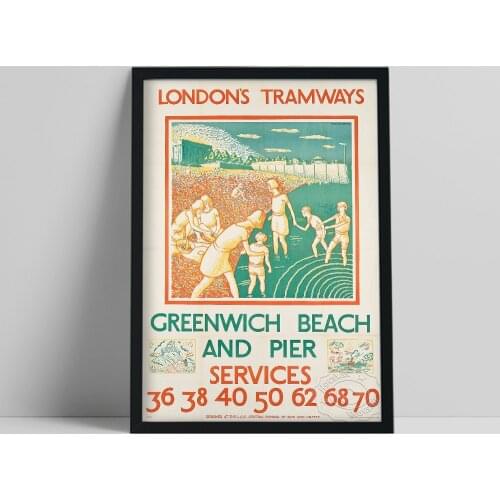 London’S Tramways Greenwich Beach Poster, Vintage Travel Painting, London England Red Green Still Life Wall Picture, Tour Gift