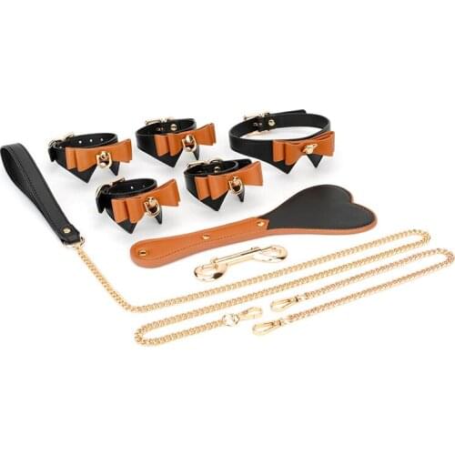 Sexy Leather BDSM Kits Bowknot Bed Bondage Set Bow Tie Handcuff Ankle Cuffs Collar Restraints Sex Toys for Couples Adult Games