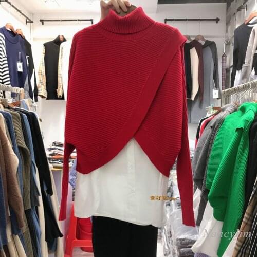 Turtleneck Sweater + Sleeveless Shirt Womens Top 2021 Spring Autumn New Korean Style Loose Irregular Knitted Pullovers Twopiece