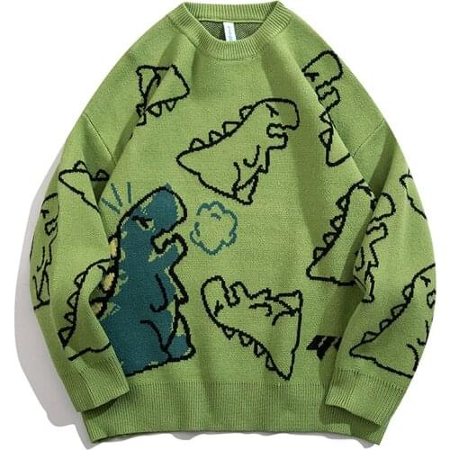 Hip Hop Cartoon Dinosaur Sweater Casual Loose Knitted Pullover Autumn Winter Casual LooseTops Long Sleeve Oversize Streetwear