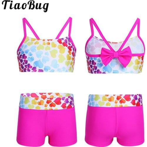 TiaoBug Kids Heart-shaped Pattern Bowknot Back Tankini Girls Swimsuit Swimwear Bathing Suit Children Swim Tops Shorts Bikini Set