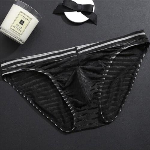 Cheapest New Mesh Thin Transparent Briefs Sexy Striped Mens Underwear Plus Size Panties Seductive Hollowed Sexy Lingerie Hot
